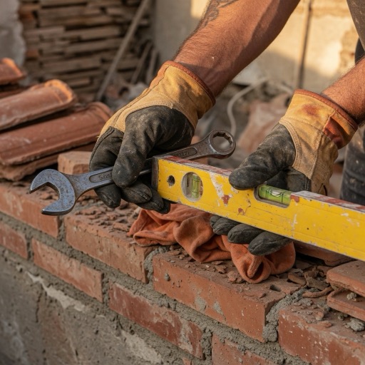 Mains d'artisan avec outils sur un chantier