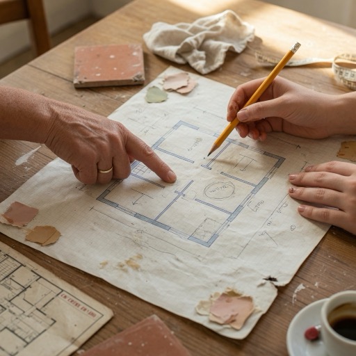Mains d'un particulier et d'un artisan au-dessus d'un plan de travaux