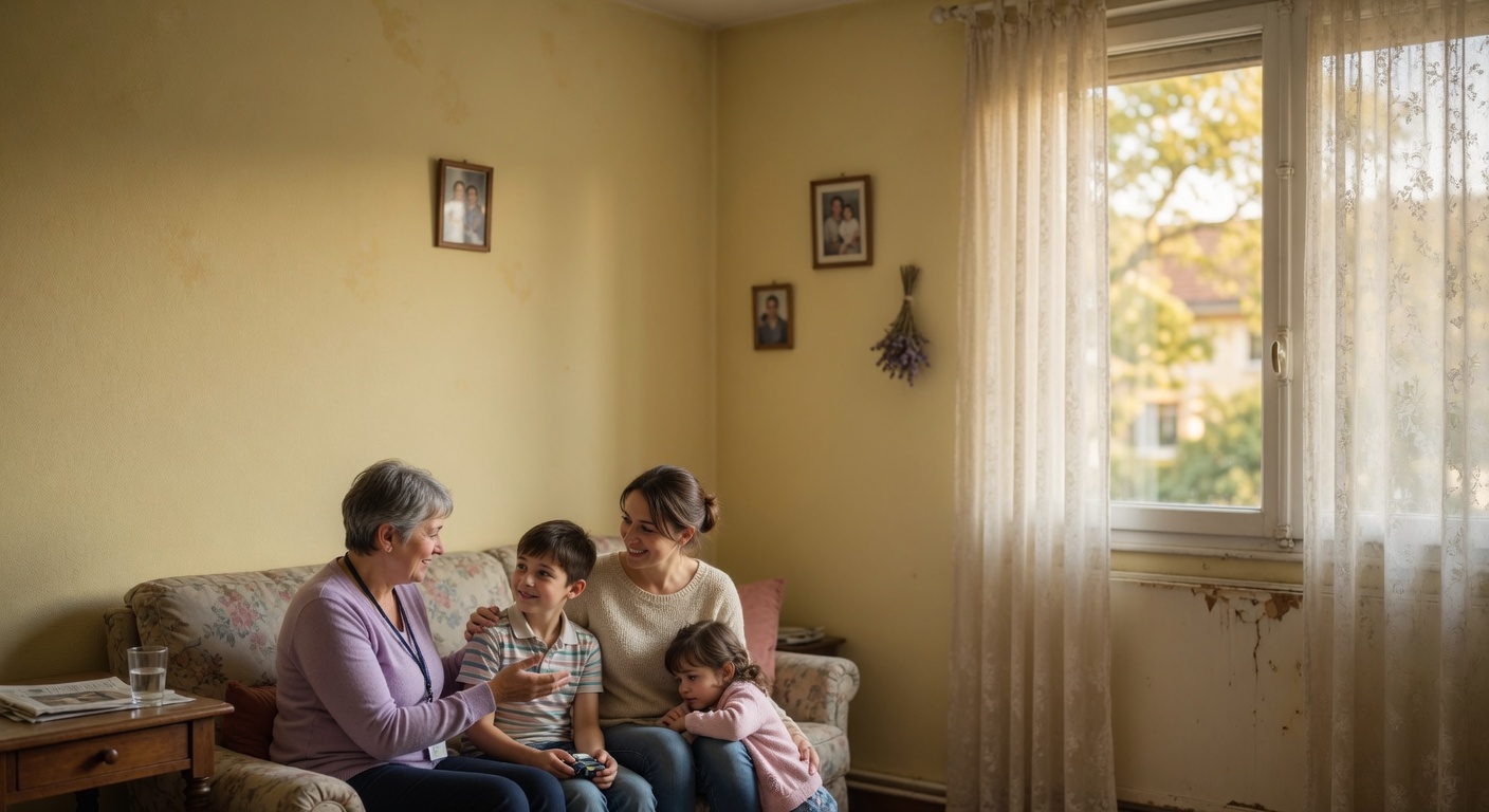 Famille décrivant son besoin de travaux dans un logement modeste