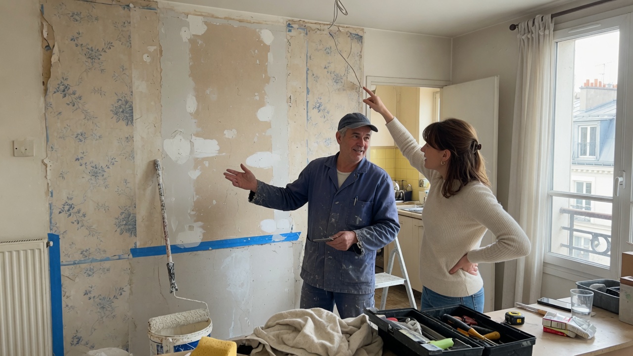 Un artisan et un particulier discutent sur un chantier de rénovation, dans une ambiance naturelle et professionnelle